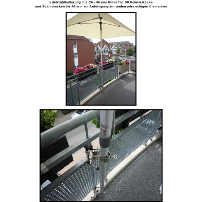 MADE IN BW - HOLLY Edelstahl-Schirmhalter 360° drehbar 50mm Durchmesser Brüstungshalter für Stöcke bis 38mm Durchmesser PATENT