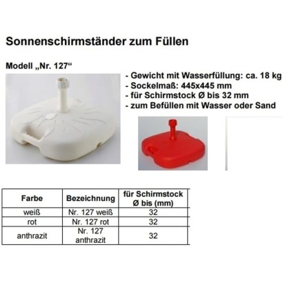 STABIELO UV PE Sonnenschirmständer rot 18kg zum Füllen mit Wasser / Sand für Schirmstöcke bis 32 mm Durchmesser