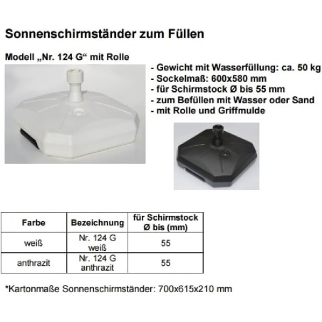 STABIELO UV PE Sonnenschirmständer mit Rollen weiss 50kg zum Füllen mit Wasser / Sand für Schirmstöcke bis 55 mm Durchmesser